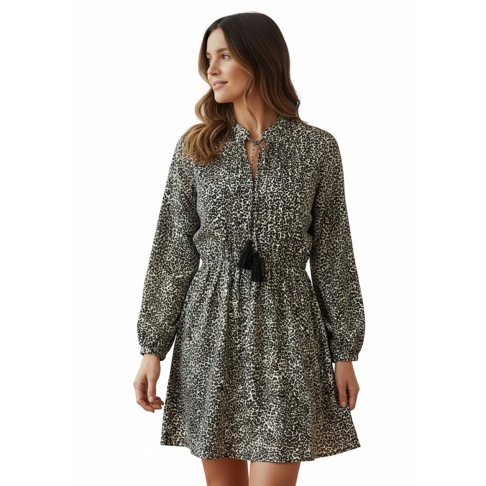 Old Navy Cheetah Print Tassel Tie Mini Dress‎ Long Sleeve Brown Black Medium